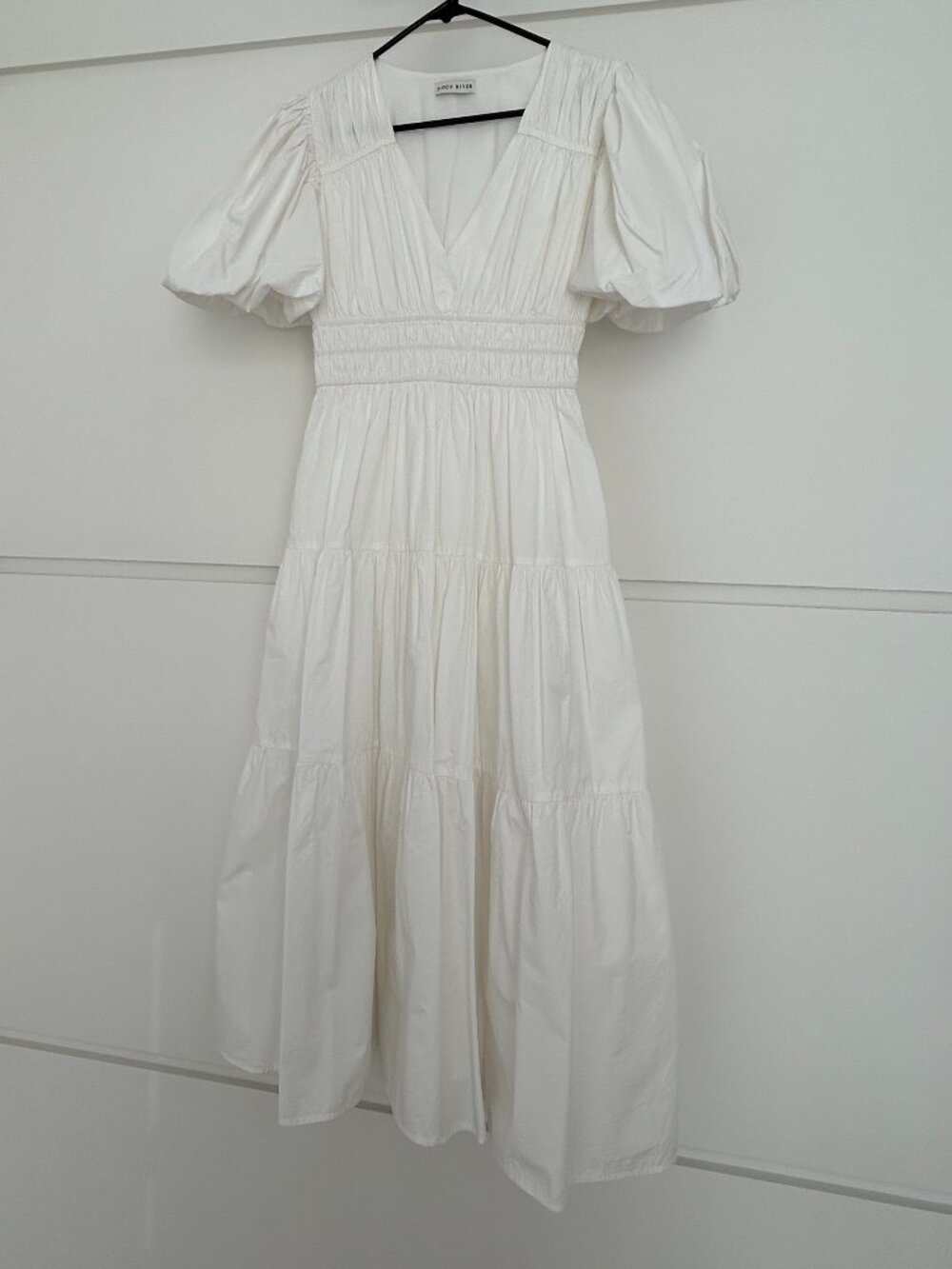 Moon River 100% Cotton White Puff Sleeve Tiered Midi Dress Size S Cottagecore